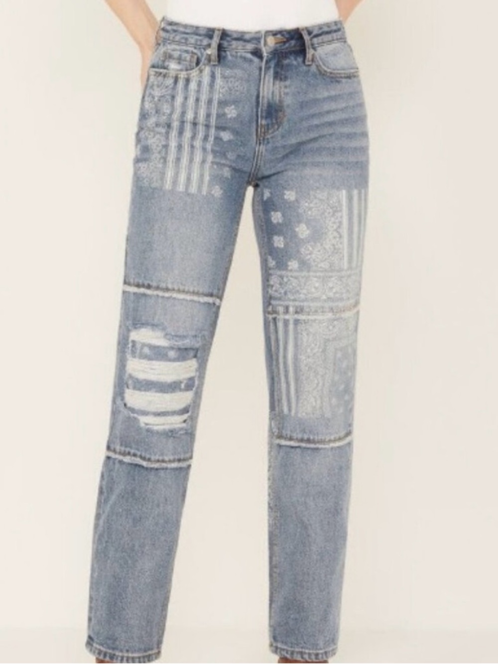 Patchwork Straight Leg Jeans in Light Blue Denim